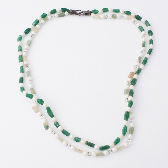 Vintage Aventurine & Genuine Pearl Beaded Necklace Double Strand Sterling Silver - Picture 3 of 5